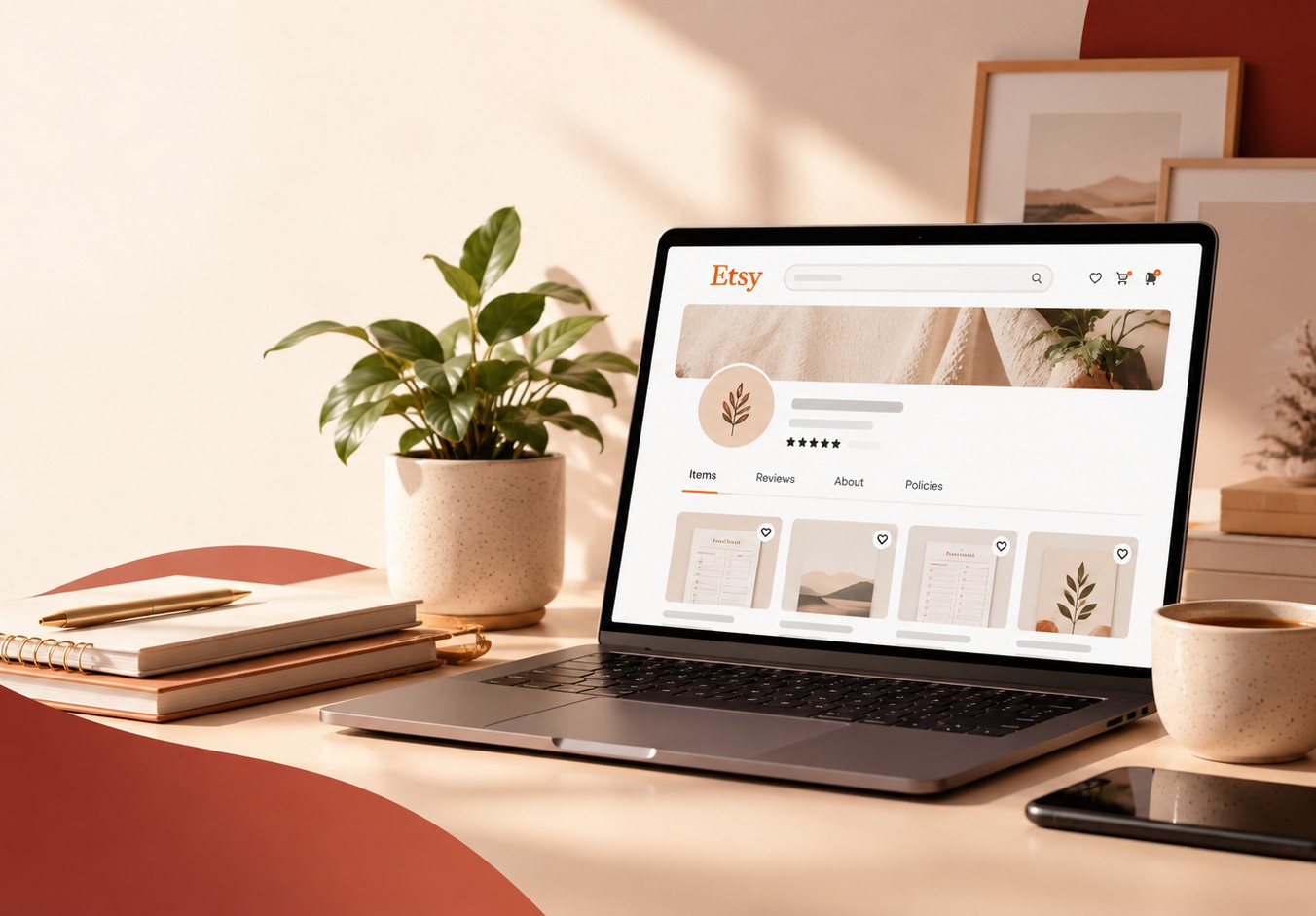 Lista de verificação para configurar uma loja Etsy num portátil, com um caderno com passos como escolher o nome da loja, configurar pagamentos e adicionar políticas