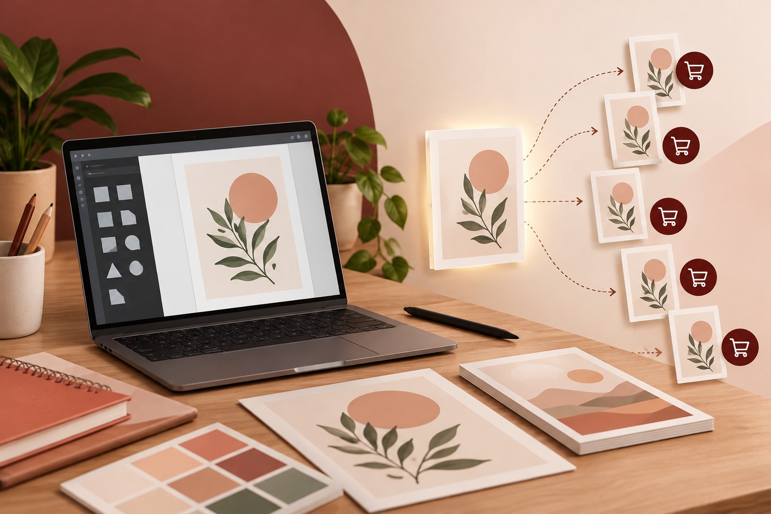 Ícones do Canva, Notion, Procreate e Google Sheets que levam a um design num portátil, com opções de exportação em PDF, PNG e ligação