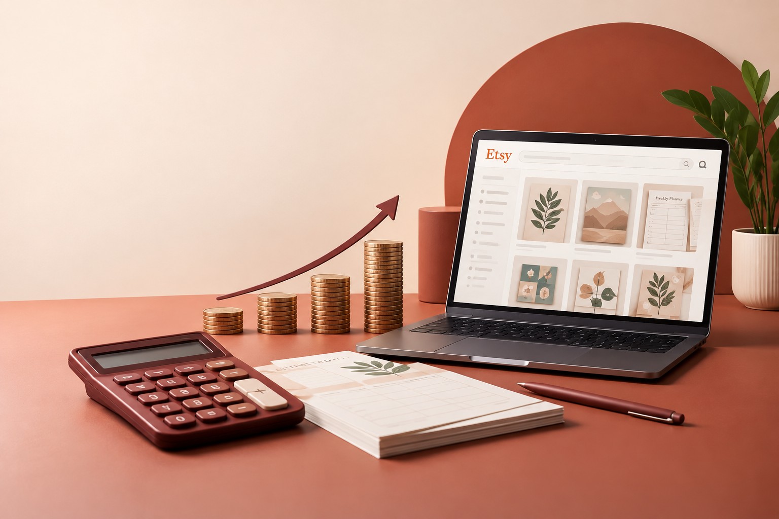 Caderno com o detalhe de taxas e lucro junto a uma calculadora e a um portátil com uma listagem Etsy