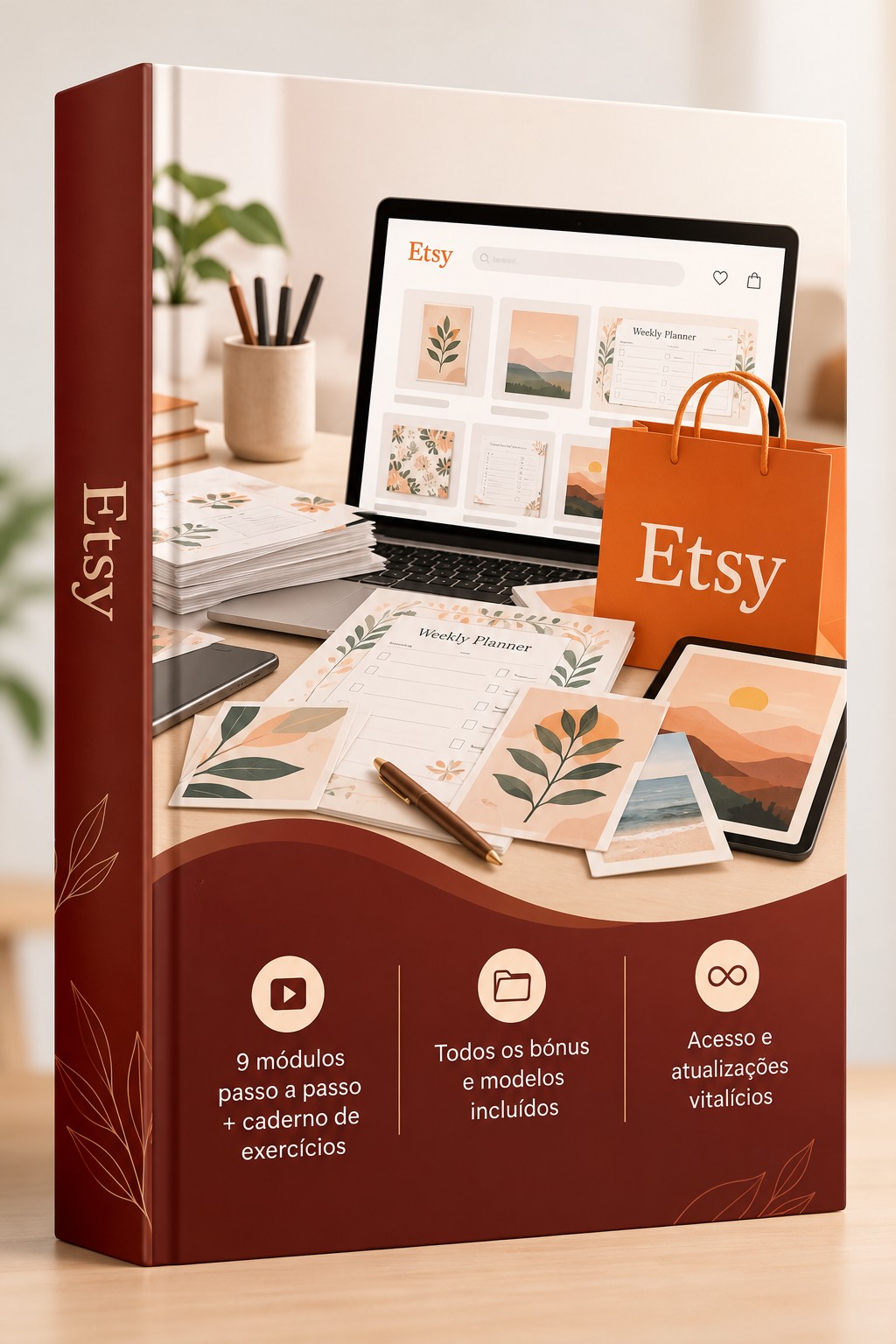 Capa do ebook com um portátil com uma loja Etsy de planners imprimíveis, ícones de tipos de ficheiro e um tablet numa secretária