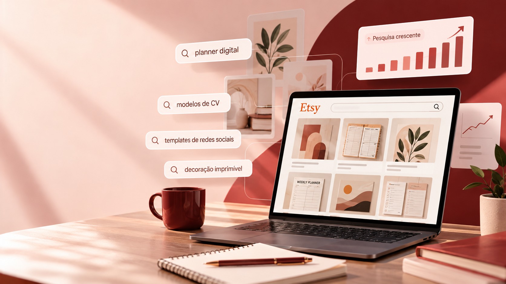Mulher a planear o seu nicho num quadro branco, com exemplos de pesquisas na Etsy como planner de orçamento, impressões de arte de parede e registo de hábitos